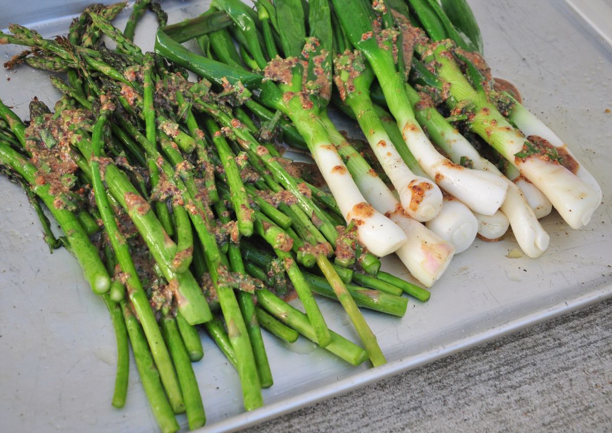 Grilled Asparagus and Spring Onions with Mustard Vinaigrette Tangled